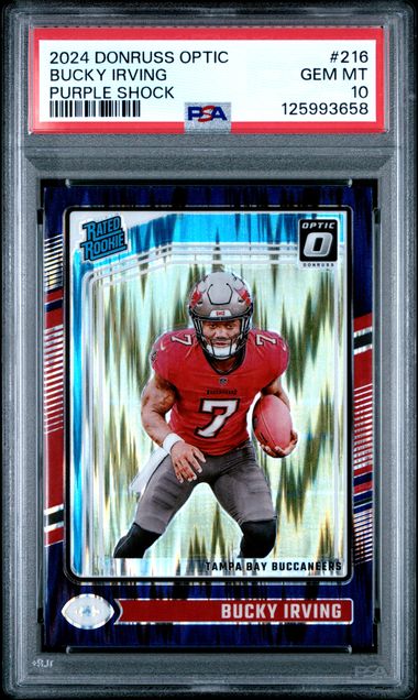 Graded 2024 Panini Donruss Optic Bucky Irving #216 Purple Shock Rookie RC Football Card PSA 10 Gem Mint - Golden Apple Comics