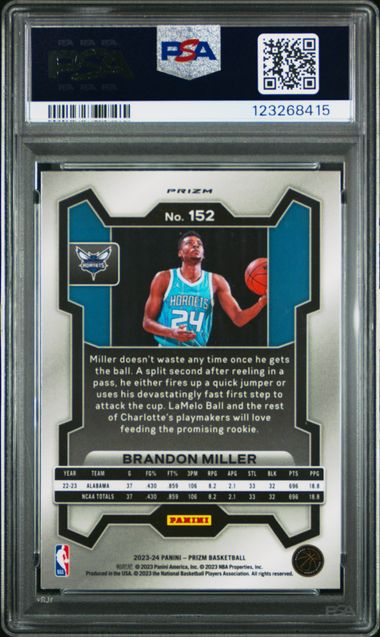Graded 2023 Panini Prizm Brandon Miller #152 Green Prizm Rookie RC Basketball Card PSA 10 Gem Mint
