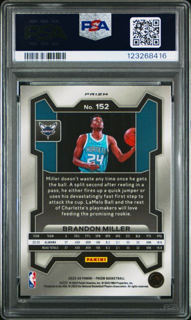 Graded 2023 Panini Prizm Brandon Miller #152 Ice Rookie RC Basketball Card PSA 10 Gem Mint