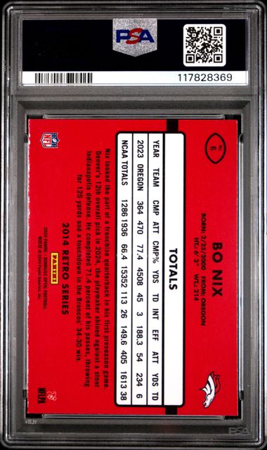 Graded 2024 Donruss Optic Bo Nix #6 2014 Retro Series Rookie RC Football Card PSA 10 Gem Mint