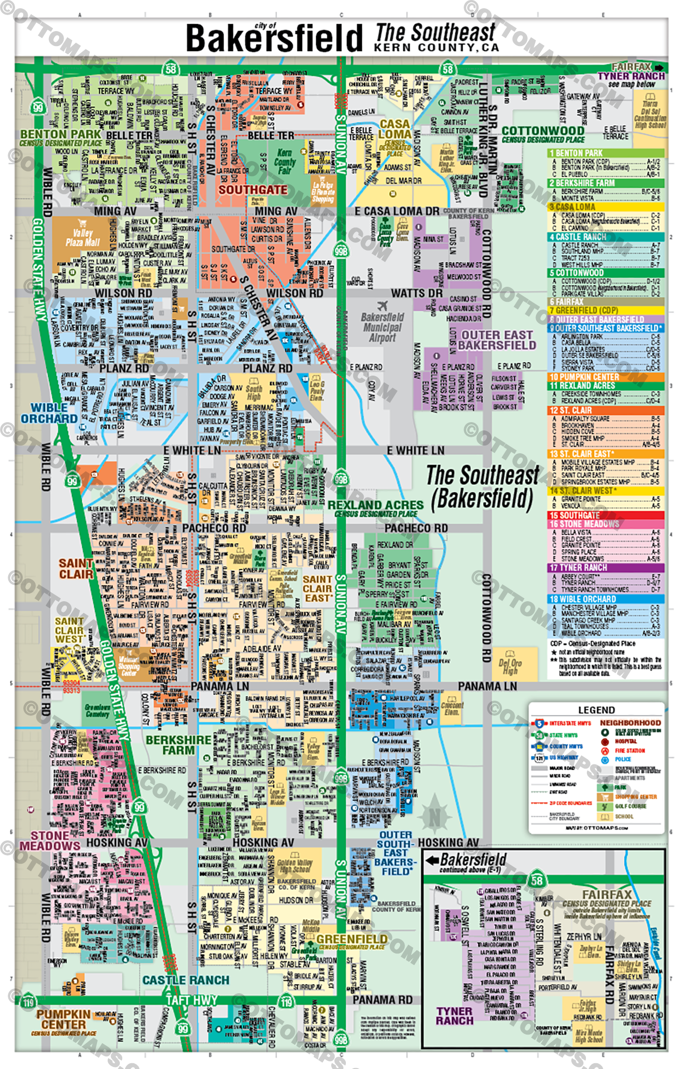 Bakersfield Map, The Southeast - Kern County, CA - POSTER PRINT