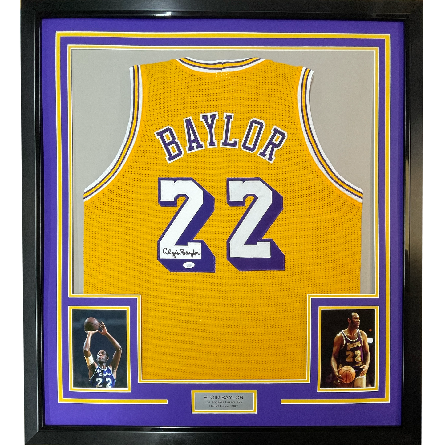 Framed Autographed/Signed Elgin Baylor 35x39 Los Angeles LA Yellow Basketball Jersey JSA COA
