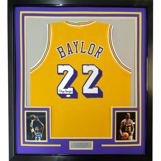 Framed Autographed/Signed Elgin Baylor 35x39 Los Angeles LA Yellow Basketball Jersey JSA COA