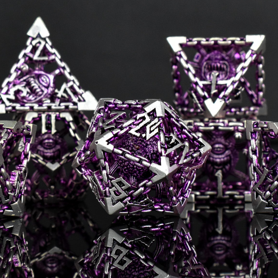 Beholder's Gates Hollow Metal Dice Set - Purple and Silver