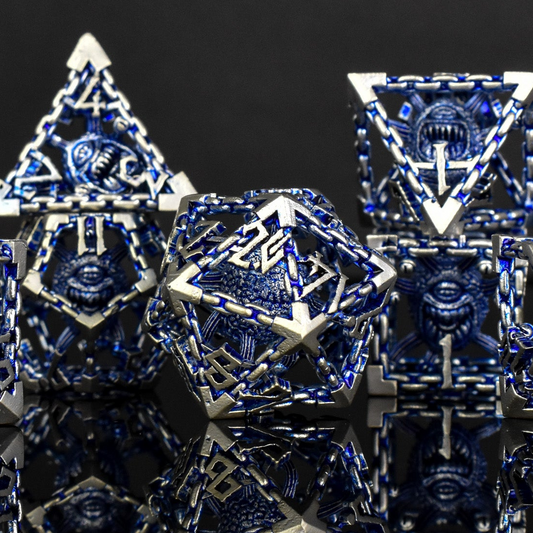 Beholder's Gates Hollow Metal Dice Set - Blue and Silver