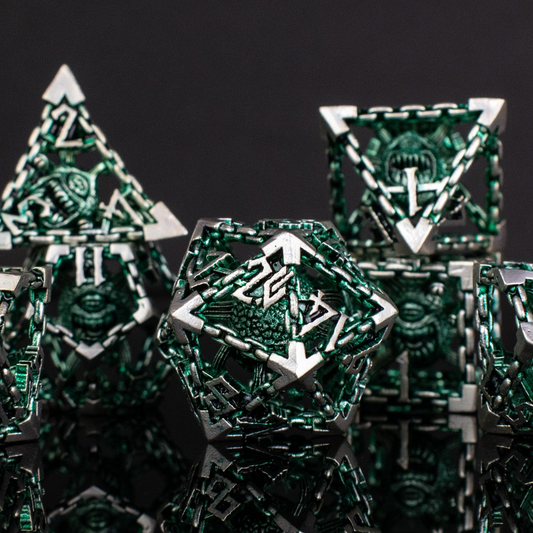 Beholder's Gates Hollow Metal Dice Set - Green and Silver