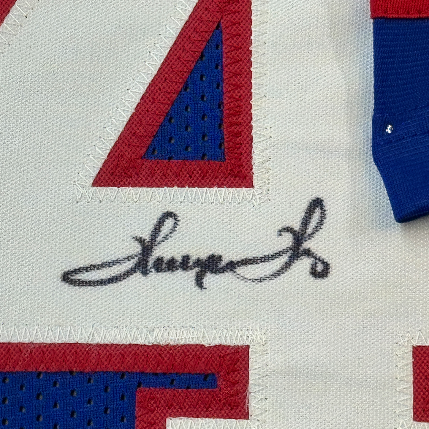 Framed Autographed/Signed Jim Kelly Thurman Thomas Andre Reed Buffalo 35x39 Dynasty Blue Football Jersey JSA COA