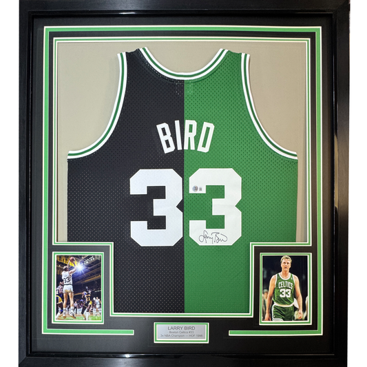 Framed Autographed/Signed Larry Bird 35x39 Boston Split Basketball Jersey Beckett BAS COA