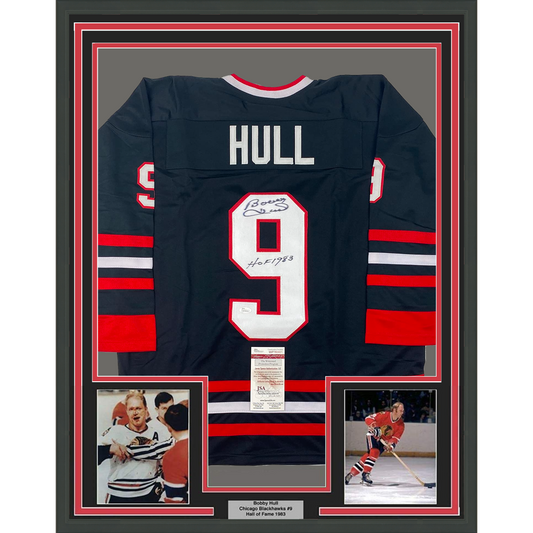 Framed Autographed/Signed Bobby Hull HOF 1983 35x39 Chicago Black Hockey Jersey JSA COA