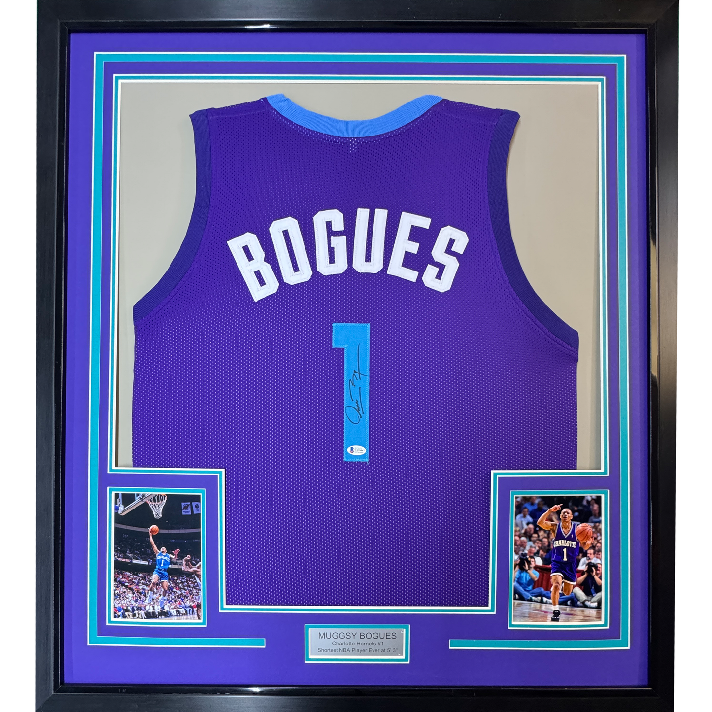Framed Autographed/Signed Muggsy Bogues 35x39 Charlotte Purple Modern Basketball Jersey Beckett BAS COA