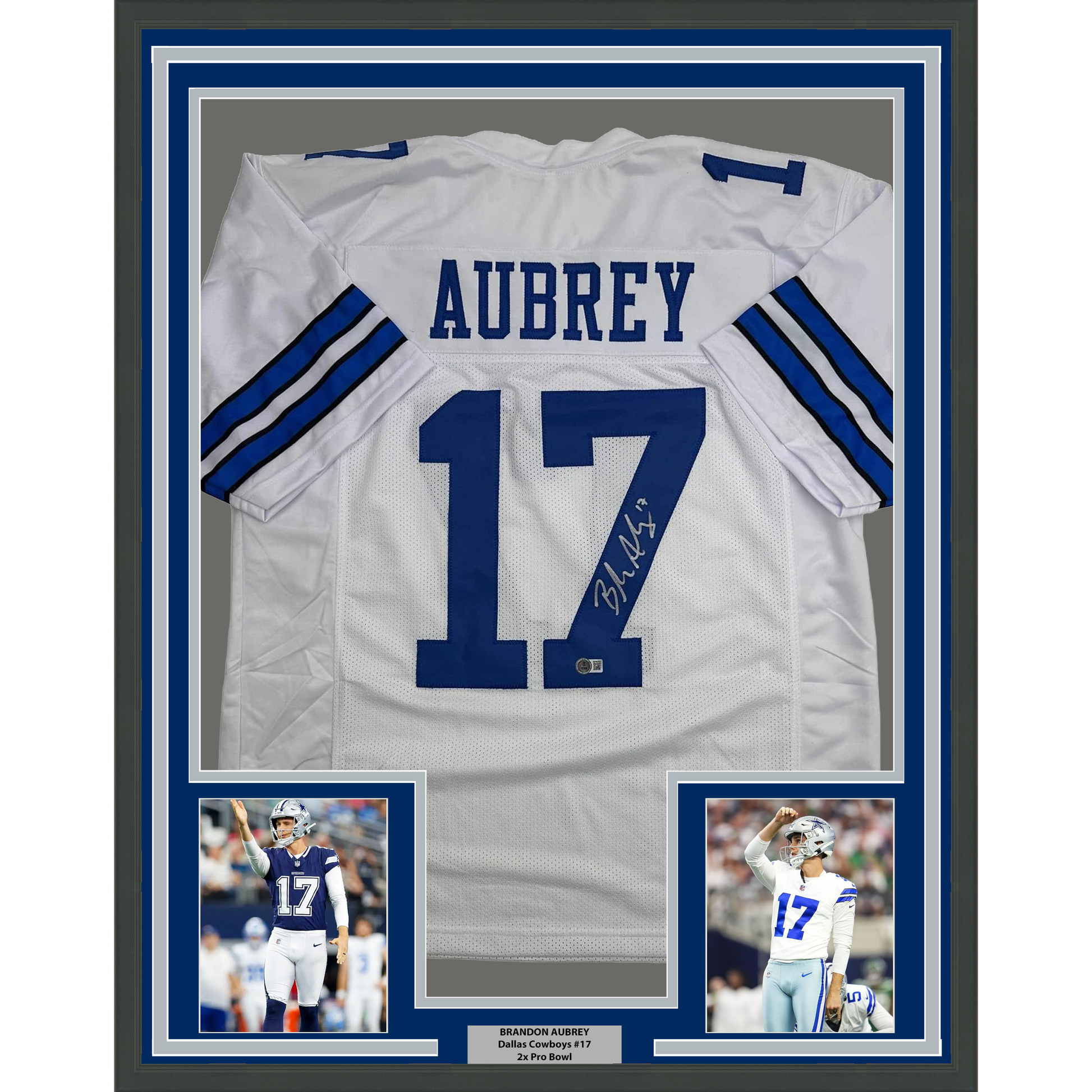 Framed Autographed/Signed Brandon Aubrey 35x39 Dallas White Football Jersey Beckett BAS COA - Golden Apple Comics