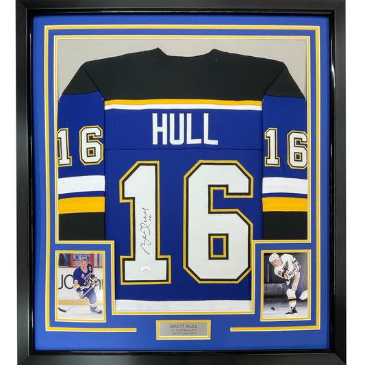 Framed Autographed/Signed Brett Hull 35x39 St. Louis Blue White Numbers Hockey Jersey JSA COA - Golden Apple Comics
