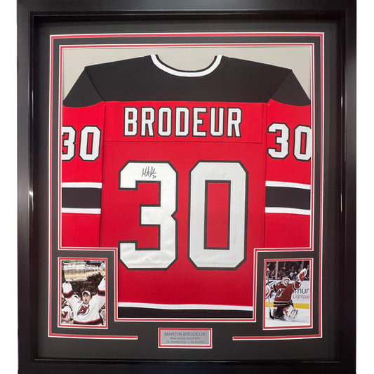 Framed Autographed/Signed Martin Brodeur 35x39 New Jersey Red Hockey Jersey JSA COA - Golden Apple Comics