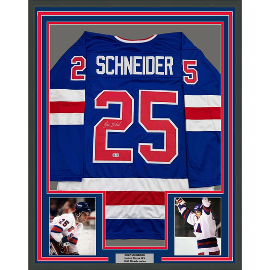 Framed Autographed/Signed Buzz Schneider 35x39 Blue Team USA Miracle On Ice 1980 Olympics Hockey Jersey Beckett BAS COA