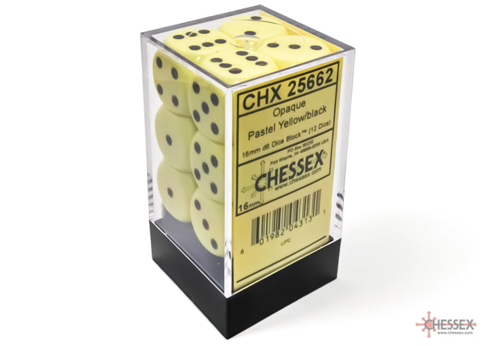 Chessex Opaque 16mm d6 Pastel Yellow / black Dice Block (12 dice)