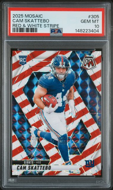 Graded 2025 Panini Mosaic Cam Skattebo #305 Red & White Stripe Rookie RC Football Card PSA 10 Gem Mint