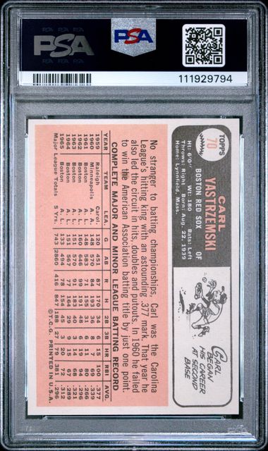 Graded 1966 Topps Carl Yastrzemski #70 Baseball Card PSA 7 Near Mint