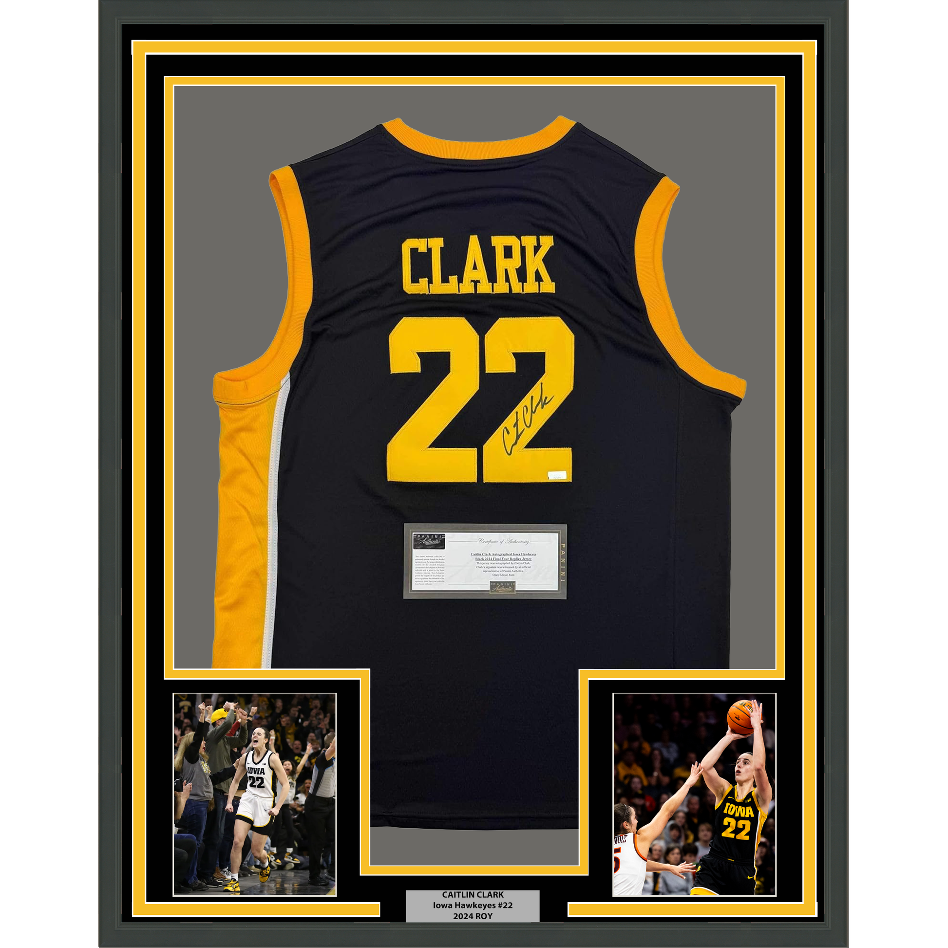 Framed Autographed/Signed Caitlin Clark 35x39 Iowa Black Basketball Jersey Panini COA - Golden Apple Comics