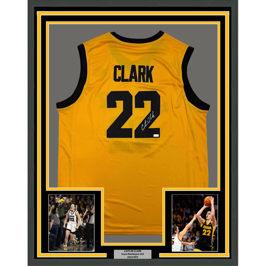 Framed Autographed/Signed Caitlin Clark 35x39 Iowa Yellow Basketball Jersey Panini COA - Golden Apple Comics