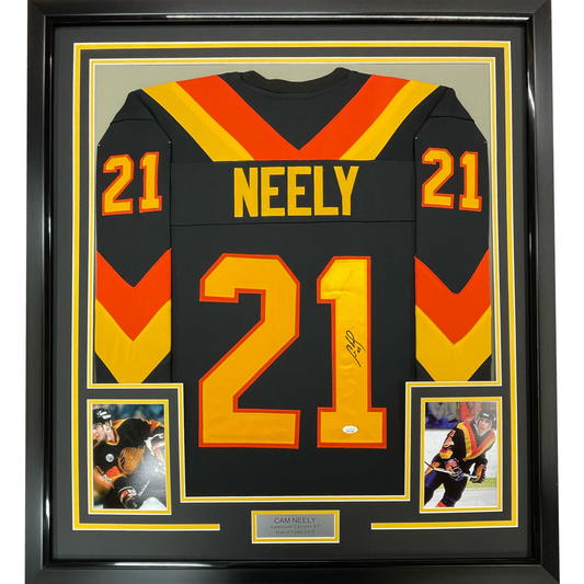 Framed Autographed/Signed Cam Neely 35x39 Vancouver Black Hockey Jersey JSA COA - Golden Apple Comics