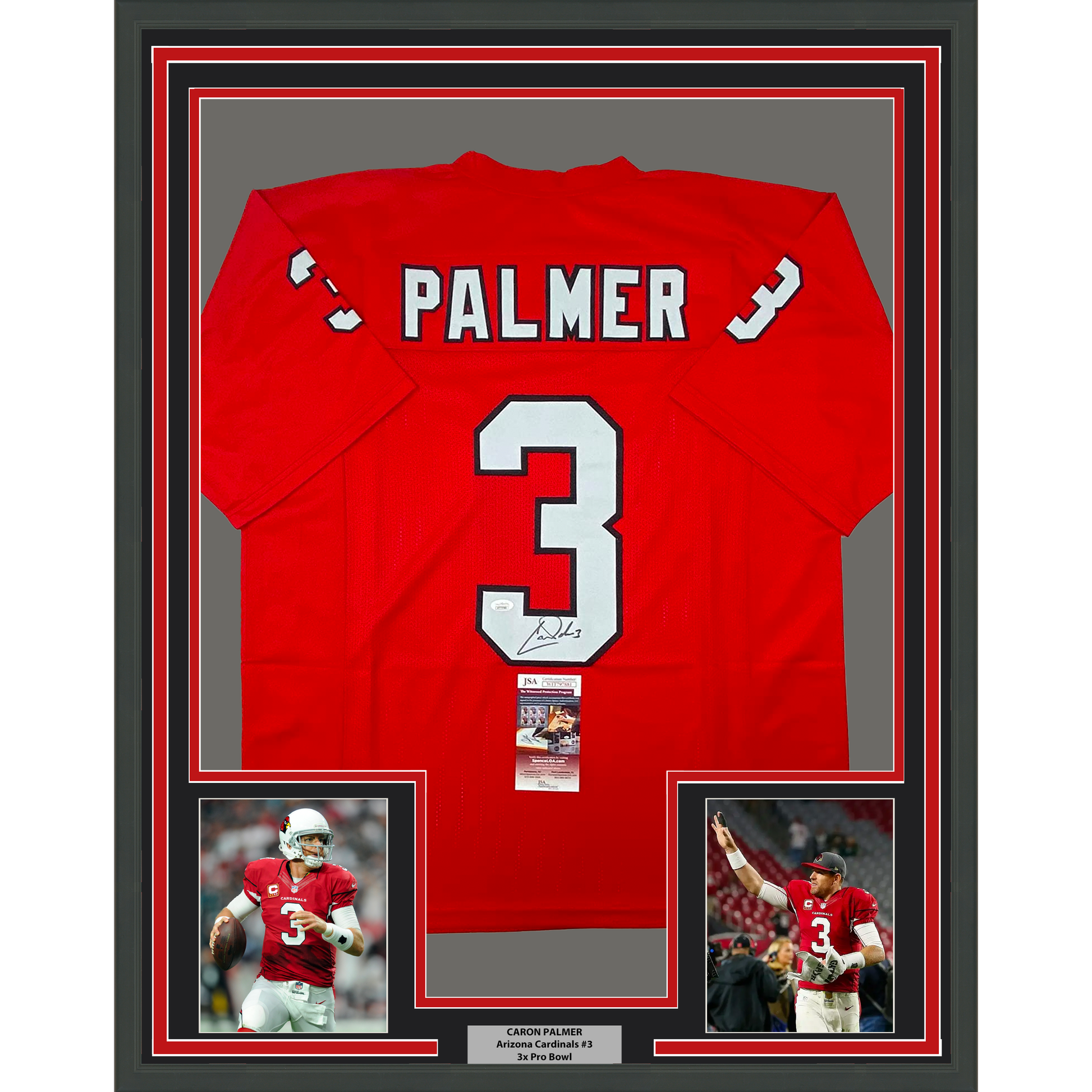 Framed Autographed/Signed Carson Palmer 35x39 Arizona Red Football Jersey JSA COA - Golden Apple Comics