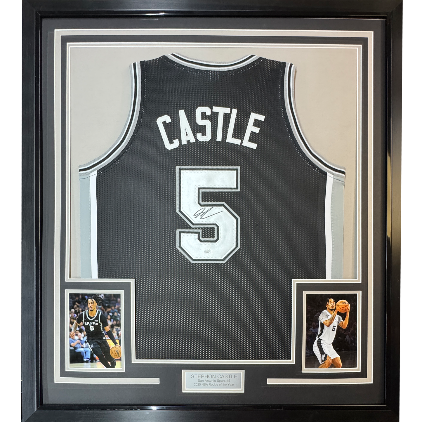 Framed Autographed/Signed Stephon Castle 35x39 San Antonio Black Basketball Jersey JSA COA