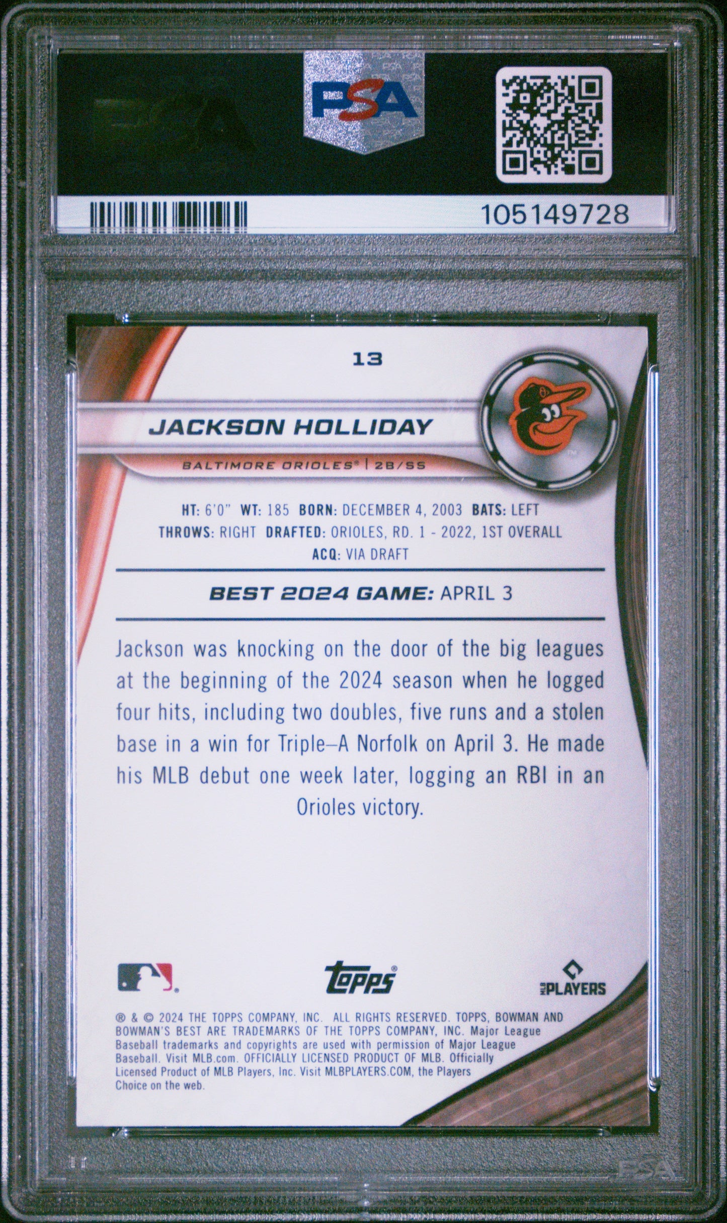 Graded 2024 Topps Bowmans Best Jackson Holliday #13 Rookie RC Baseball Card PSA 10 Gem Mint