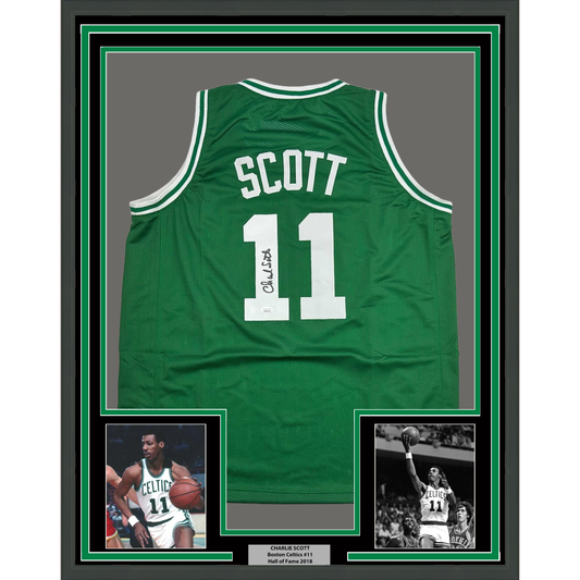 Framed Autographed/Signed Charlie Scott 35x39 Boston Green Basketball Jersey JSA COA