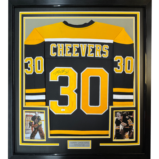 Framed Autographed/Signed Gerry Cheevers 35x39 Boston Black Hockey Jersey JSA COA - Golden Apple Comics