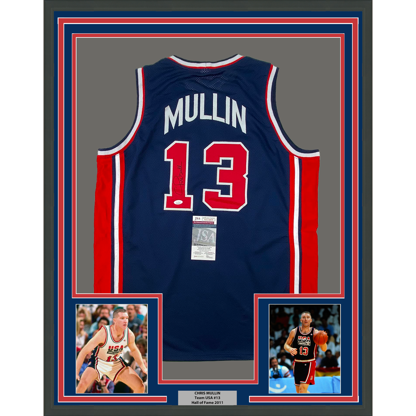 Framed Autographed/Signed Chris Mullin 35x39 1992 Dream Team USA Olympics Blue Basketball Jersey JSA COA