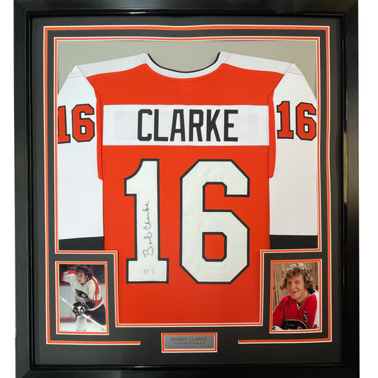 Framed Autographed/Signed Bob Bobby Clarke 35x39 Philadelphia Orange Hockey Jersey JSA COA - Golden Apple Comics