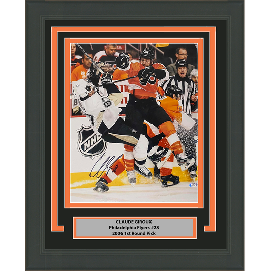 Framed Autographed/Signed Claude Giroux Philadelphia Flyers Sidney Crosby Hit 16x20 Hockey Photo PSA/DNA COA - Golden Apple Comics