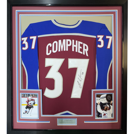 Framed Autographed/Signed JT J.T. Compher 35x39 Colorado Maroon Hockey Jersey PSA/DNA COA - Golden Apple Comics