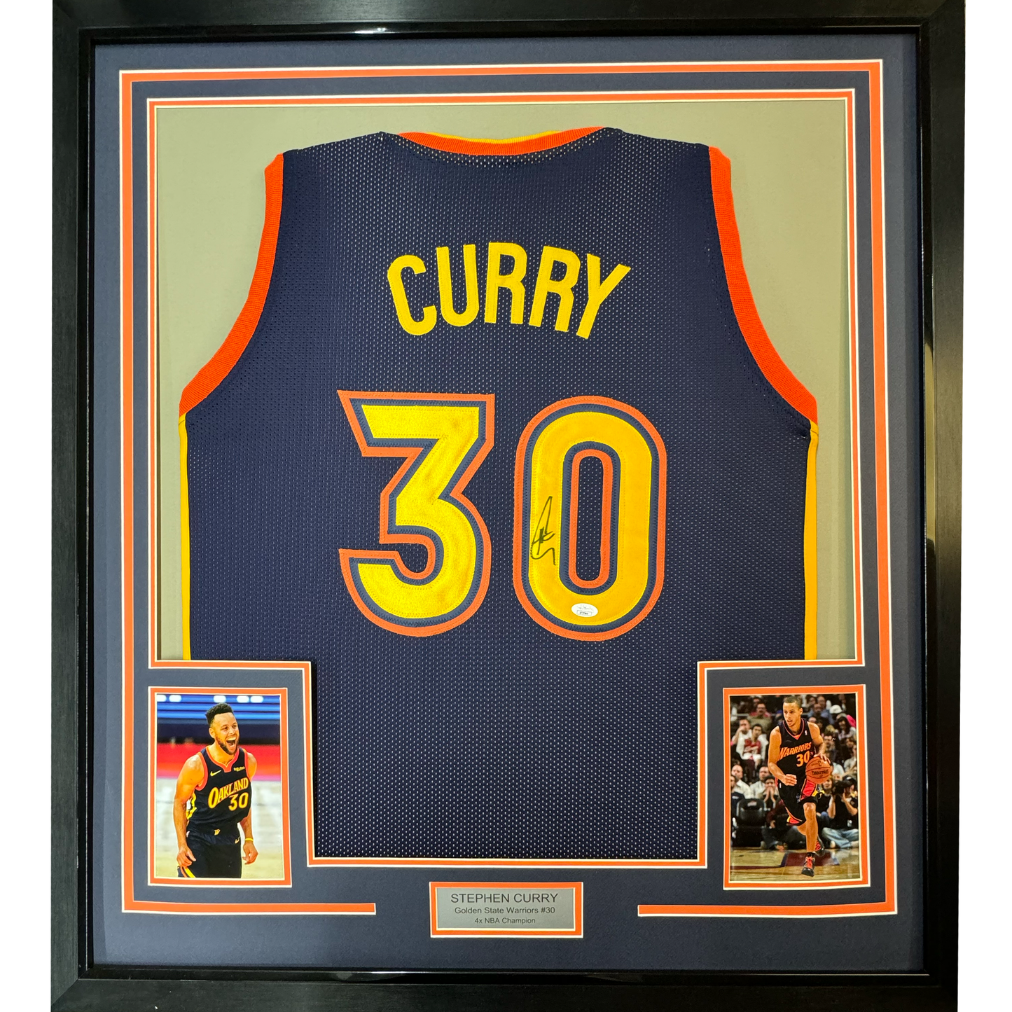 Framed Autographed/Signed Stephen Steph Curry 35x39 Golden State Navy Blue Throwback Basketball Jersey JSA COA