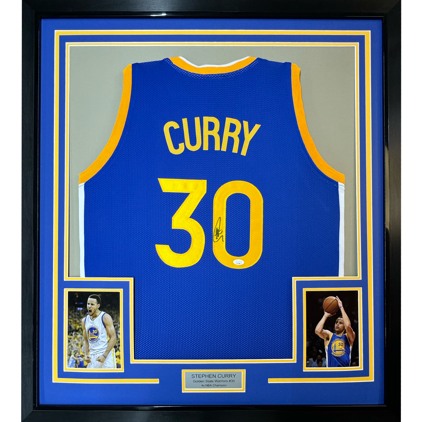 Framed Autographed/Signed Stephen Steph Curry 35x39 Golden State Blue Basketball Jersey JSA COA