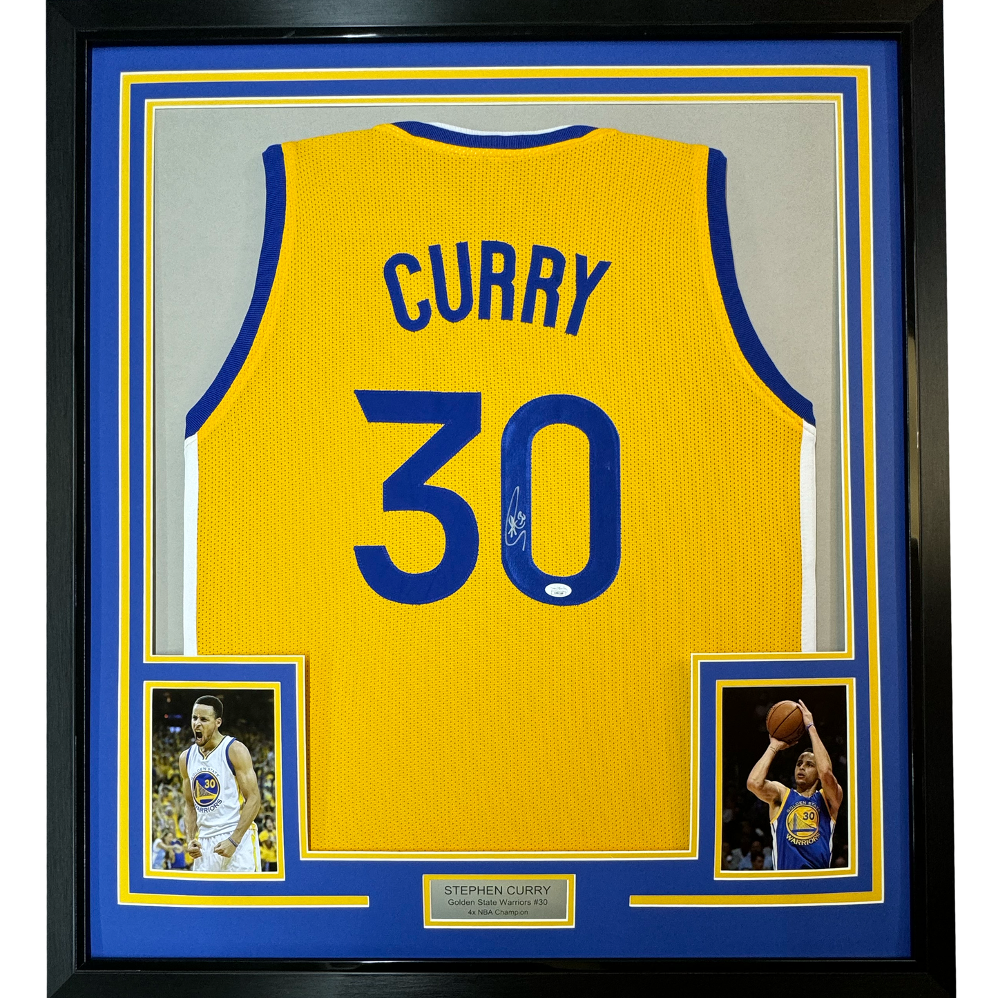 Framed Autographed/Signed Stephen Steph Curry 35x39 Golden State Yellow Basketball Jersey JSA COA