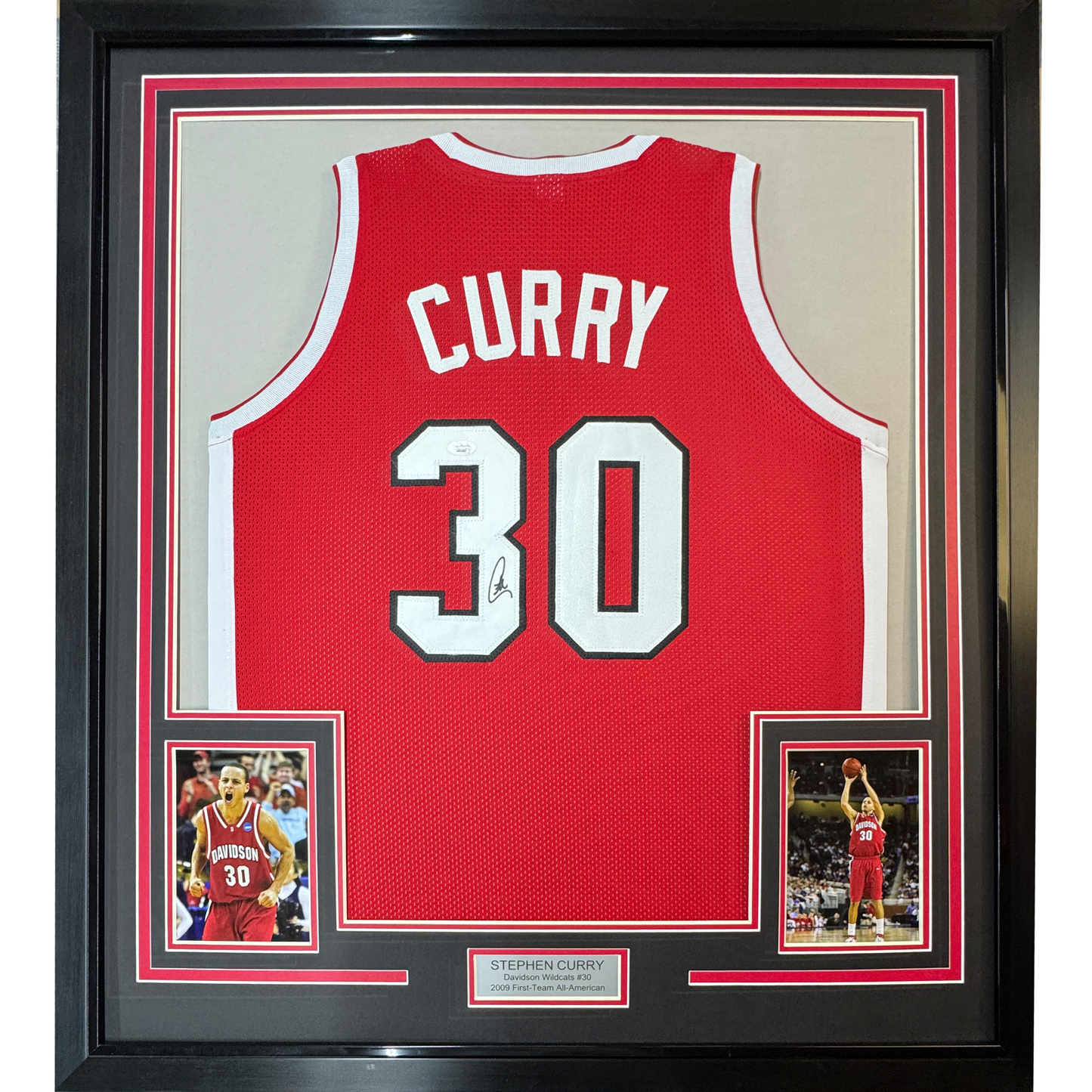 Framed Autographed/Signed Stephen Steph Curry 35x39 Davidson Wildcats Red College Basketball Jersey JSA COA
