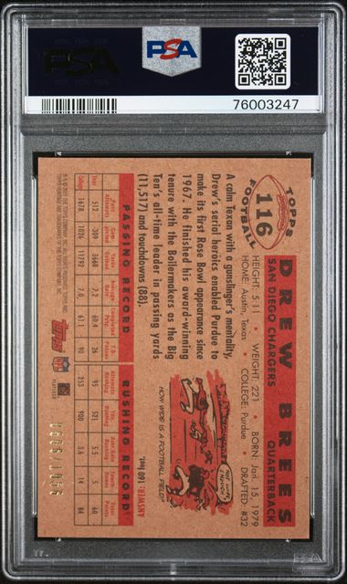 Graded 2001 Topps Heritage Drew Brees #116 /1956 Rookie RC Football Card PSA 9 Mint