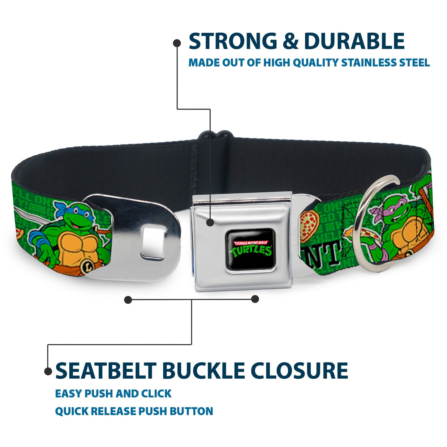 Classic TEENAGE MUTANT NINJA TURTLES Logo Seatbelt Buckle Collar - I "HEART" TMNT/Classic Turtles & Pizza Green