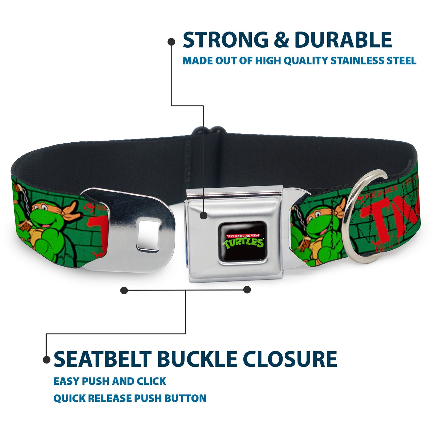 Classic TEENAGE MUTANT NINJA TURTLES Logo Seatbelt Buckle Collar - Classic Teenage Mutant Ninja Turtles Group Pose2/TMNT Green Brick Wall