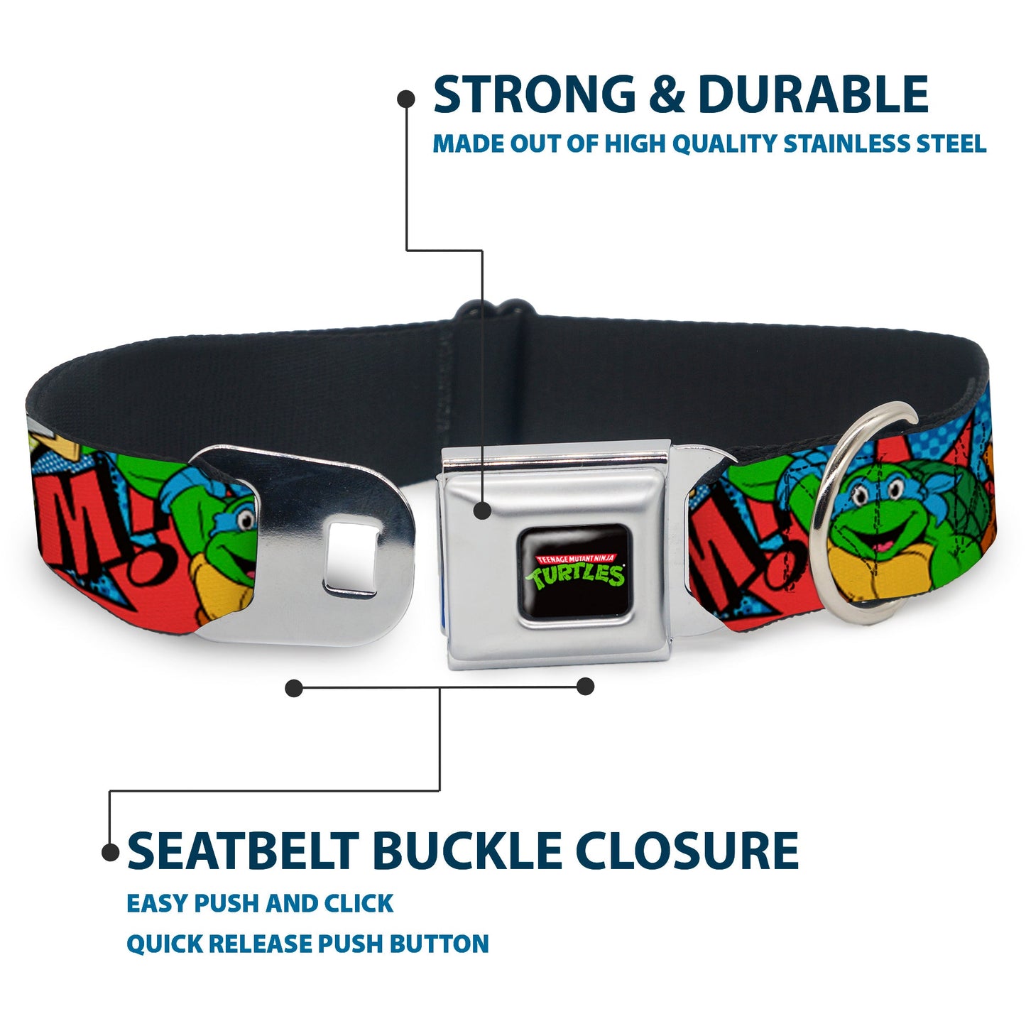 Classic TMNT Logo Full Color Seatbelt Buckle Collar - Classic Teenage Mutant Ninja Turtles Action Poses/Action Bubbles Dots Blues