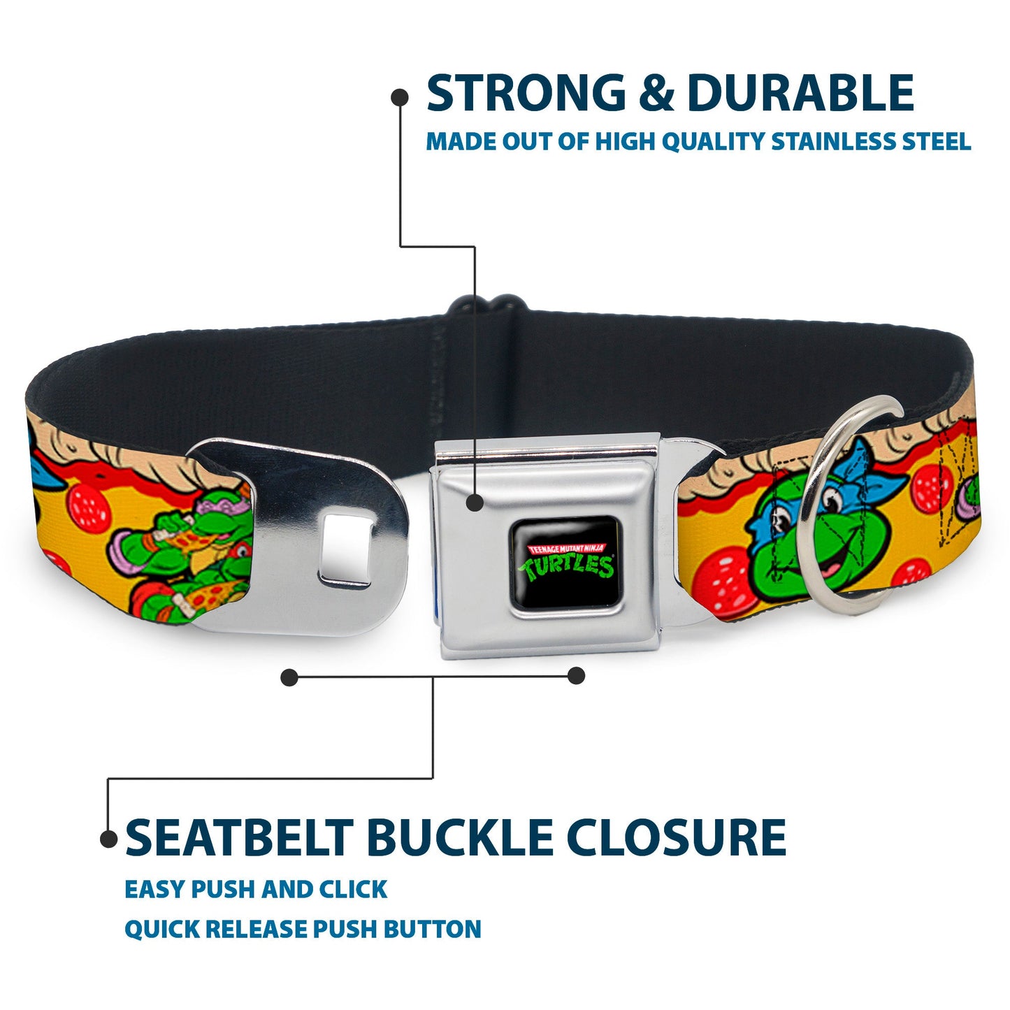 Classic TMNT Logo Seatbelt Buckle Collar - Classic Teenage Mutant Ninja Turtles 4-Turtle Faces Pepperoni Pizza/Turtles Pose16
