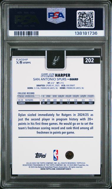 Graded 2025 Topps Dylan Harper #202 Rookie RC Basketball Card PSA 10 Gem Mint - Golden Apple Comics