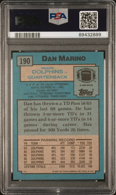 Graded 1988 Topps Dan Marino #190 Football Card PSA 10 Gem Mint