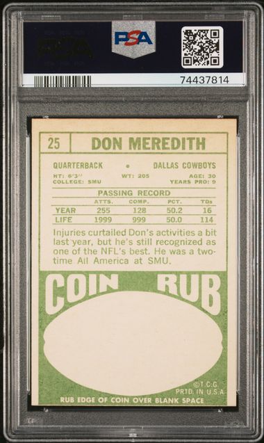 Graded 1968 Topps Don Meredith #25 Football Card PSA 5 Excellent