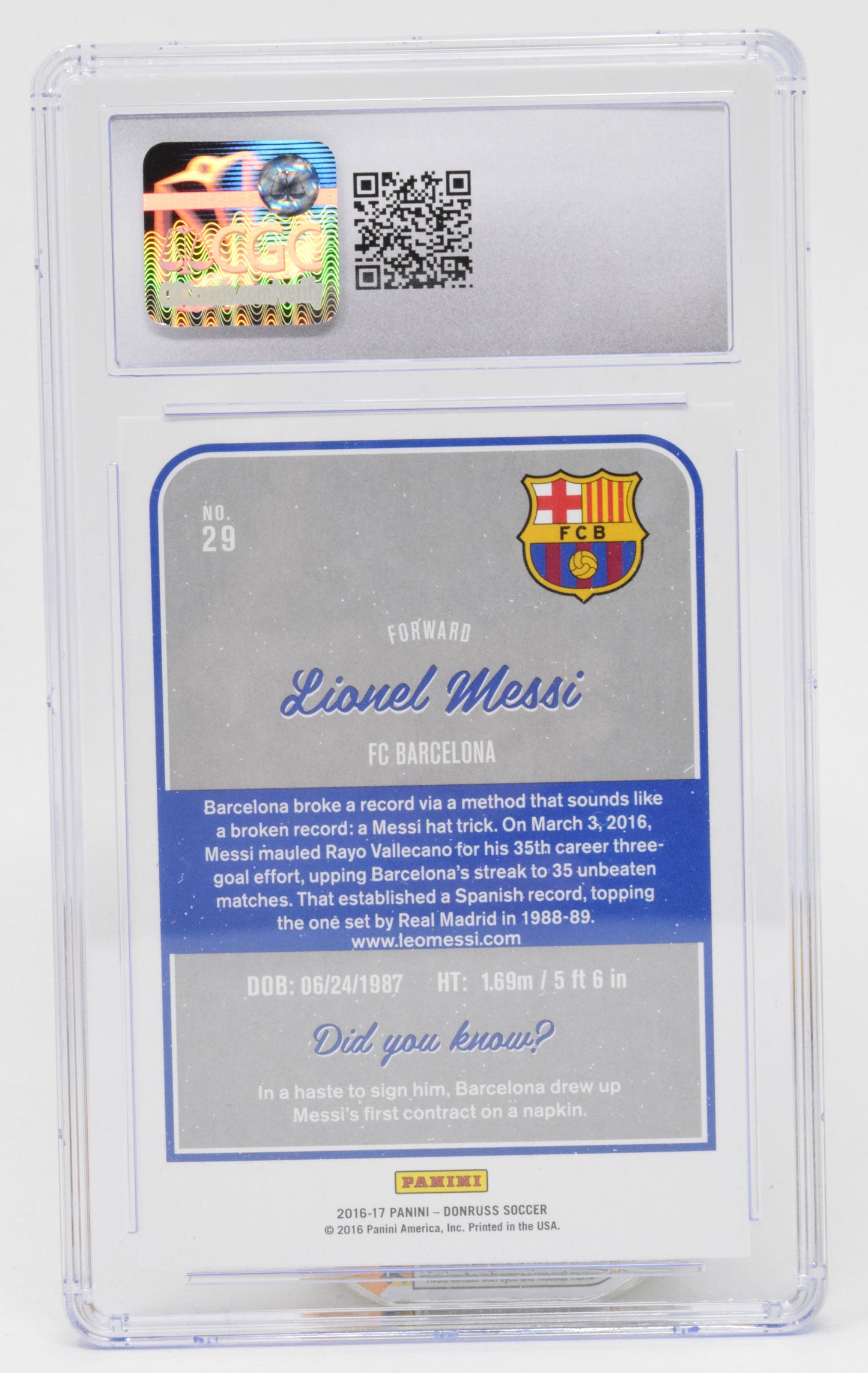 Lionel Messi Purple Soccer Card Panini Donruss 2016 - 2017 29 CGC 10