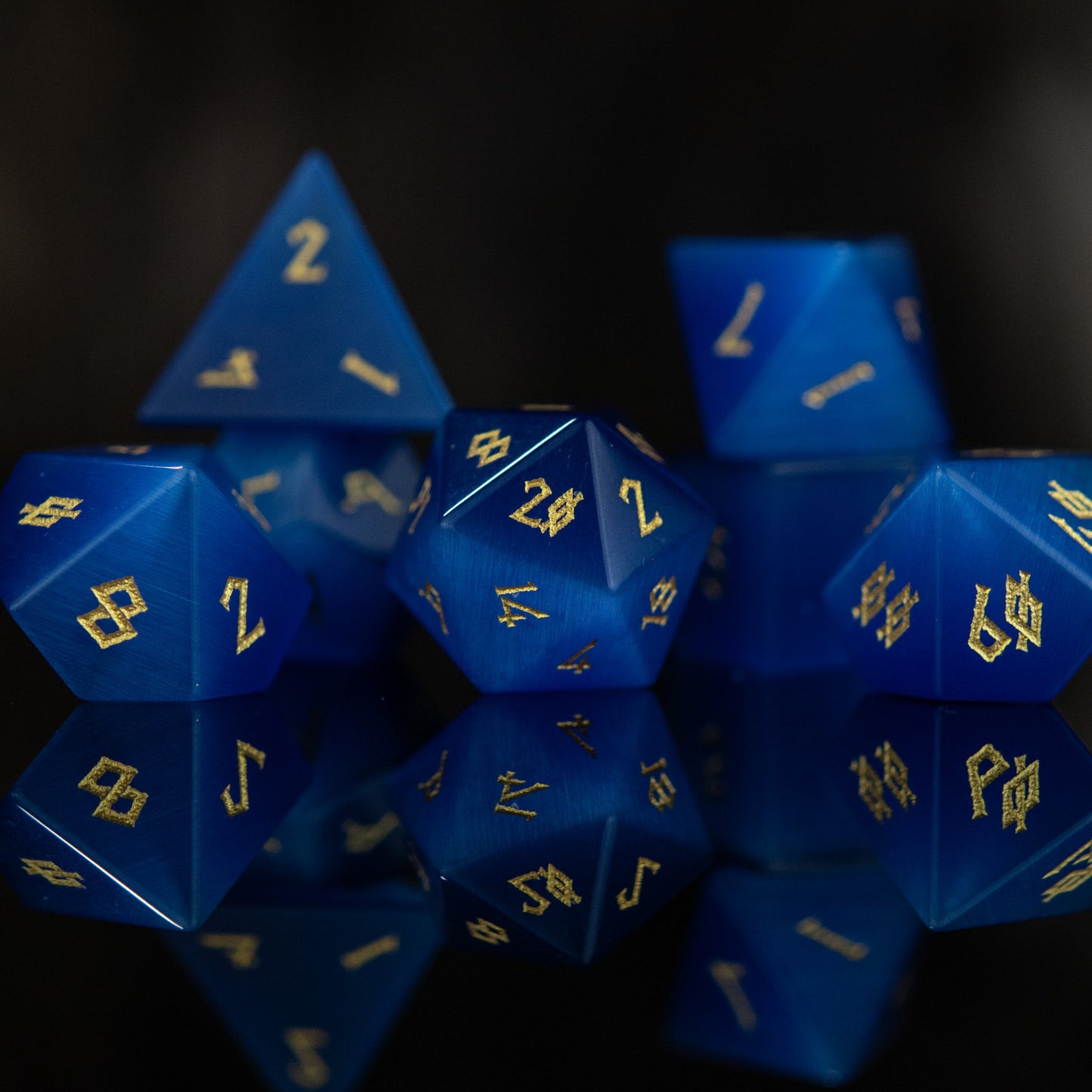 Deep Blue Cat's Eye Stone Dice Set