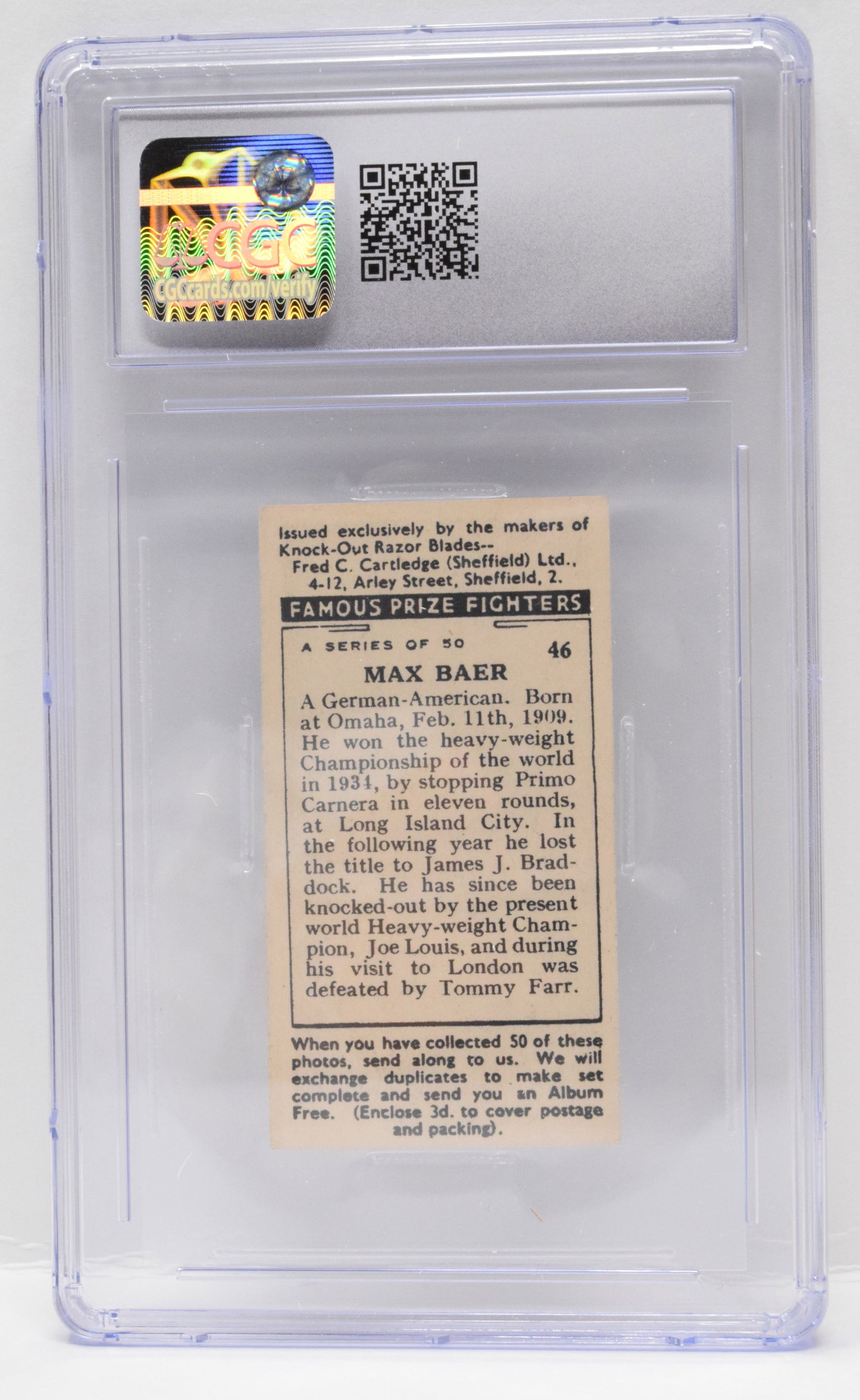 Max Baer Boxing Card F.C. Cartledge Famous Prize Fighters 1938 46 CGC 6