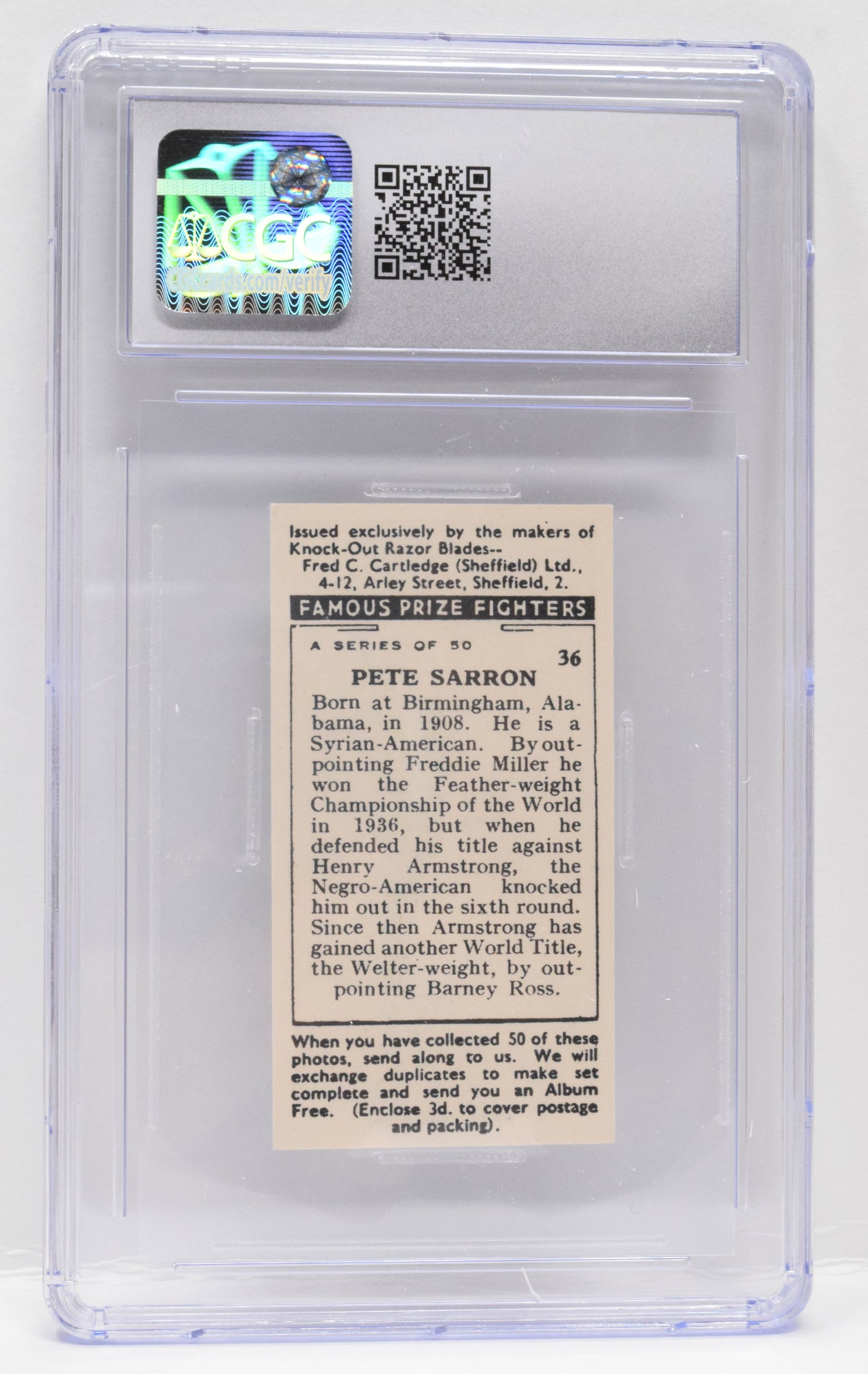 Pete Sarron Boxing Card F.C. Cartledge Famous Prize Fighters 1938 36 CGC 7