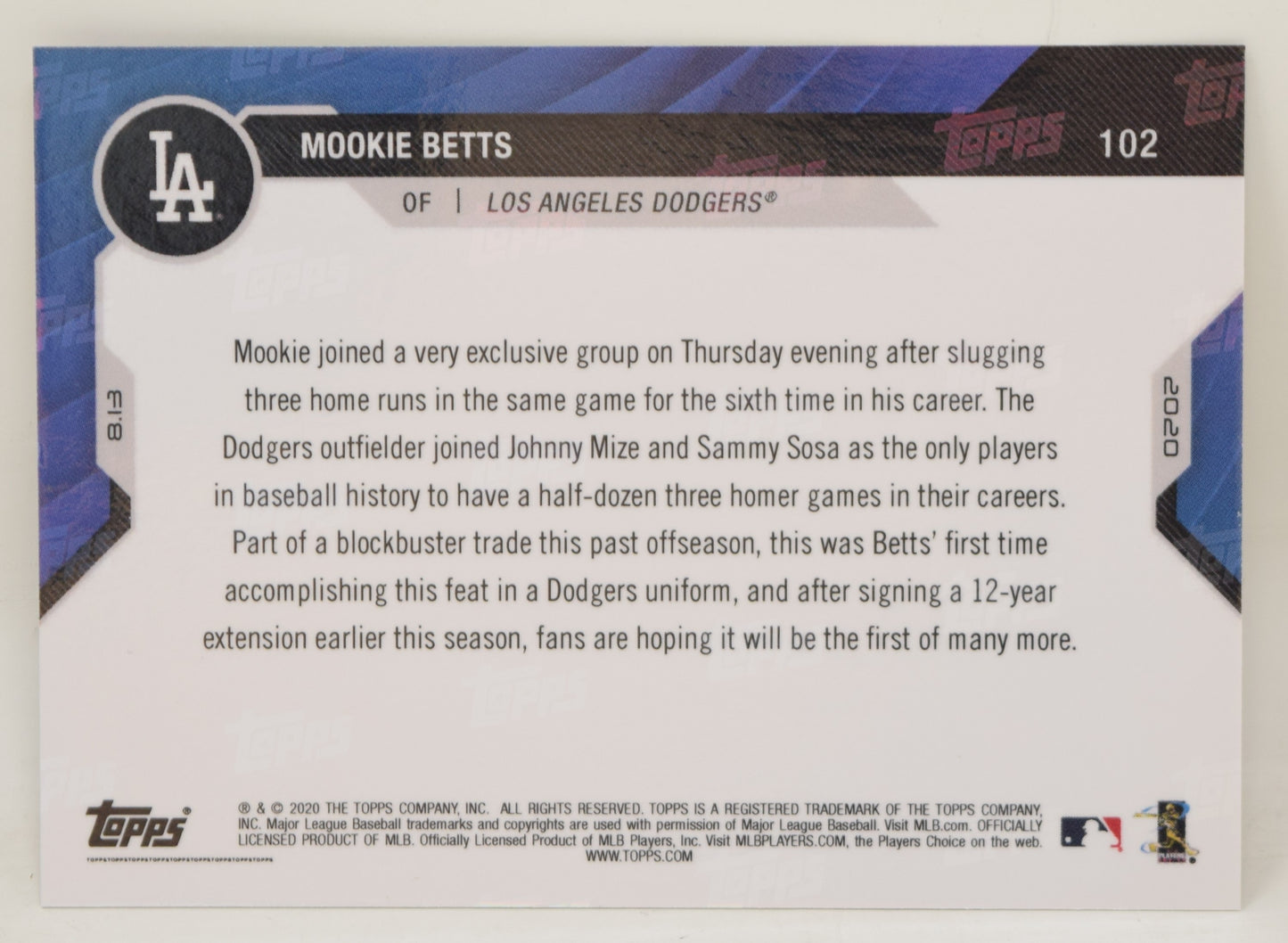 Mookie Betts Topps Now 2020 Baseball Card LA Dodgers 102 NM